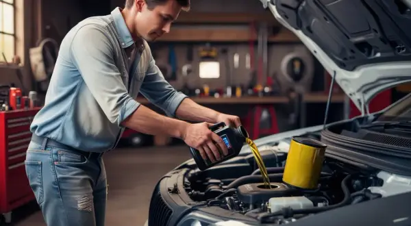 Uomo versa olio motore nuovo in un'auto. Manutenzione essenziale per il cambio olio motore.
