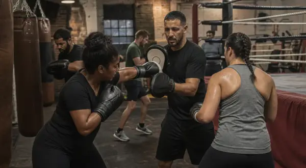 A boxing coach trains a woman, demonstrating what weight is middleweight. Other boxers train in the background.