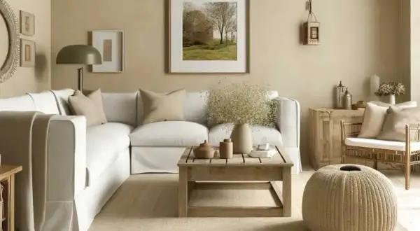 Un salon cosy avec une déco salon beige et bois. Un canapé blanc, une table basse en bois brut, un pouf rond et des cadres muraux créent une ambiance chaleureuse.