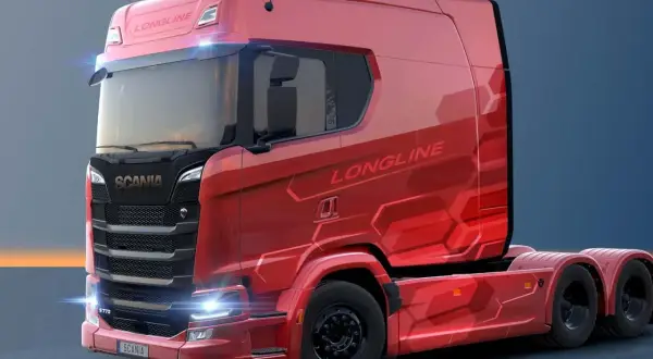 Camion rouge Scania S770 Longline, une cabine camion luxe aux lignes futuristes et aux détails hexagonaux.