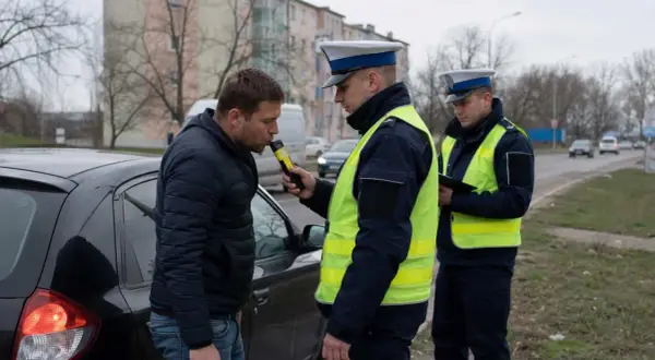 Policjant bada kierowcę alkomatem. Kontrola drogowa ma zapobiec jeździe pod wpływem alkoholu.