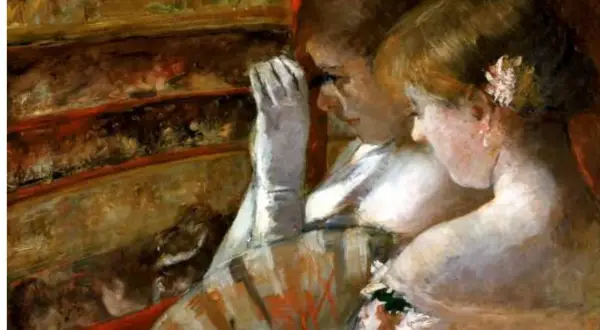 Two women in opera boxes, a classic scene from Mary Cassatt paintings, gaze out, one with a gloved hand to her face.