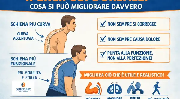 Ipercifosi dorsale: come correggerla? L'immagine mostra una schiena curva e una più funzionale, con focus su mobilità, forza e autonomia.