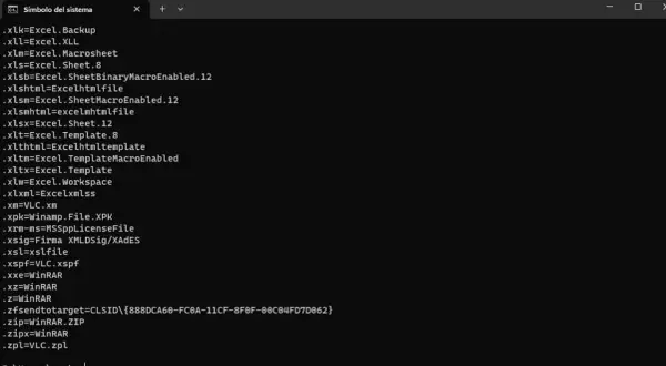 Lista de extensiones de archivo y sus programas asociados, como Excel y WinRAR, en una ventana de comandos.