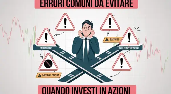 Evita errori comuni quando investi in azioni: panico, trading emotivo, mancanza di diversificazione. Un uomo preoccupato è circondato da segnali di pericolo.