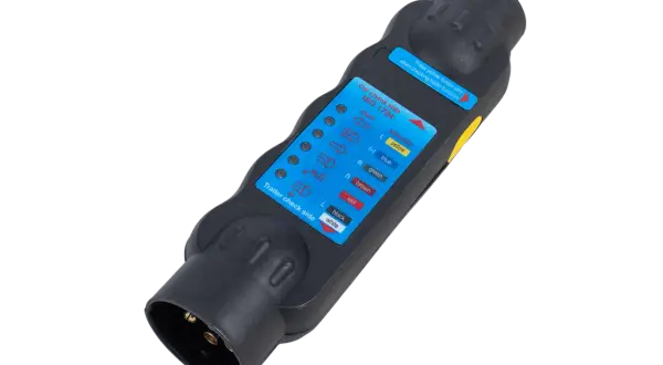 Testeur de prise remorque 7 broches, utile pour diagnostiquer un problème de connexion. Indique les fonctions des feux.