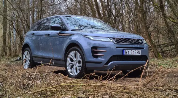 Niebieski Land Rover Evoque wjeżdża w leśną ścieżkę, otoczony suchymi gałęziami i drzewami.