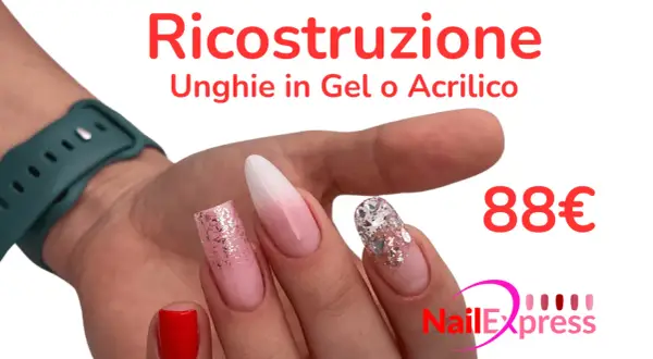 Scopri che forma dare alle unghie con ricostruzione in gel o acrilico. Unghie eleganti e curate, con glitter e sfumature. Prezzo 88€.