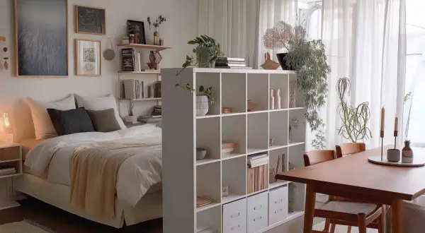Gemütliches **Wohn und Schlafzimmer in einem Raum**, getrennt durch ein Regal. Ein Bett mit Decke und Kissen, daneben ein Nachttisch. Pflanzen und Deko schmücken das Regal.