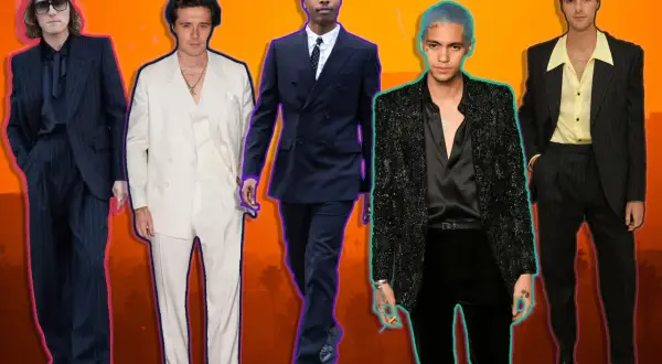 Fünf Männer in schicken Anzügen, die den **cocktail casual** Look perfektionieren. Von elegant bis gewagt, sie zeigen Stil.