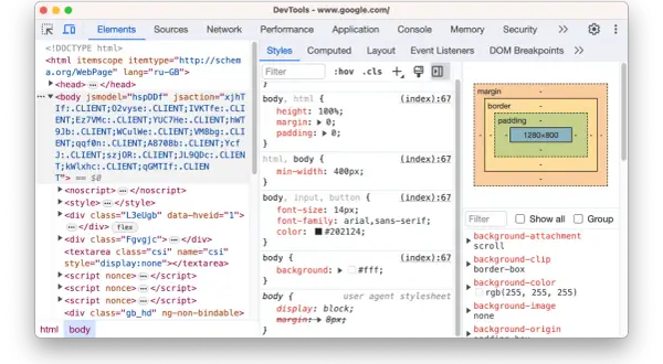 Narzędzia deweloperskie Chrome pokazują kod HTML i CSS strony, pomagając w debugowaniu.