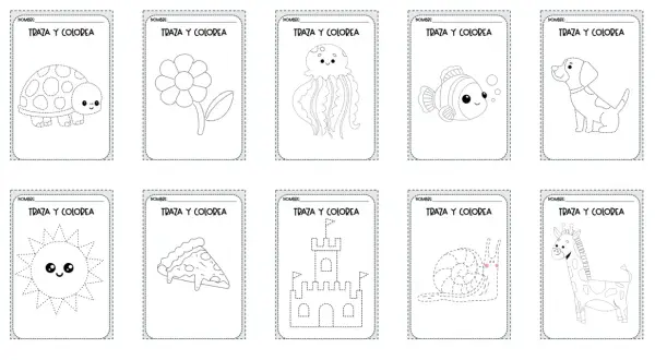 Actividades de grafomotricidad divertida: traza y colorea una tortuga, flor, medusa, pez, perro, sol, pizza, castillo, caracol y jirafa.