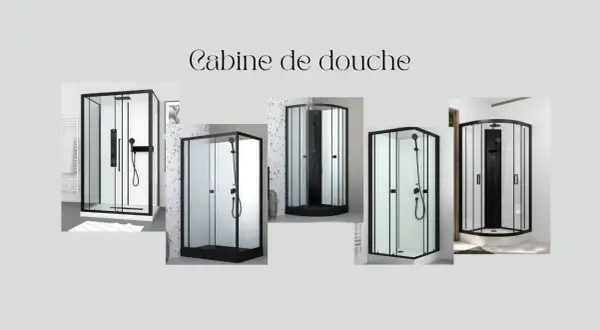 Cinq modèles de cabine de douche modernes avec cadres noirs et parois en verre. Idéal pour changer votre salle de bain.