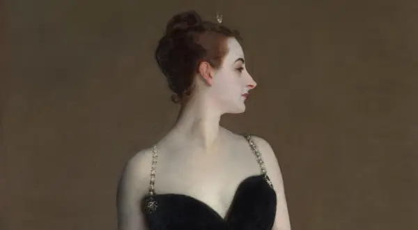 Sargent's portrait of Madame X, a striking woman in a black gown with jeweled straps, her profile turned away, exuding an air of mystery.