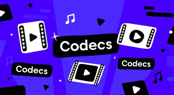 Play icons and film strips surround the word "Codecs," hinting at video file formats like .avi.