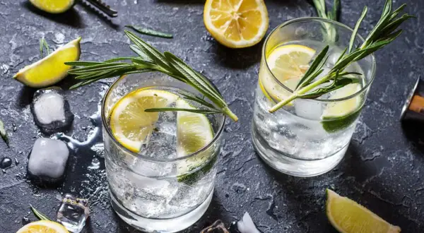 Två glas med gin och tonic, is, citron- och limeklyftor samt rosmarinkvistar på en mörk yta.