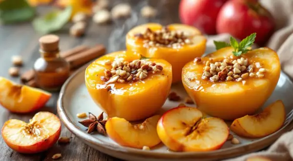 Délicieuse pomme au four, garnie de noix et nappée de sirop, avec des épices et des fruits frais.