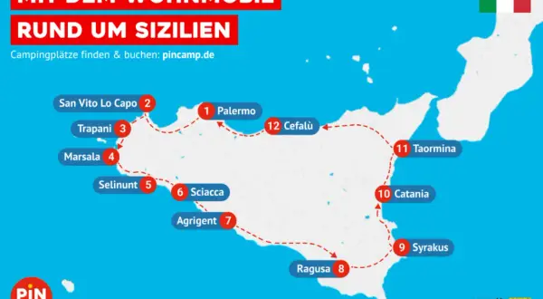 Reise mit dem Wohnmobil rund um Sizilien: Karte mit Highlights wie Palermo, Taormina und Syrakus. Campingplätze finden auf pincamp.de.