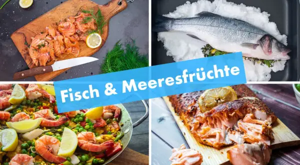 Vier köstliche Fischgerichte: Lachs auf Holzbrett, ganzer Fisch in Salz, Paella mit Garnelen und gebratenes Lachsfilet.
