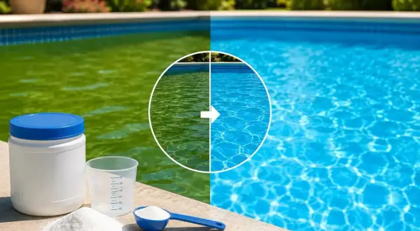 Piscina verde trasformata in blu brillante. Prodotti per trattare l'acqua e capire come abbassare il pH della piscina.