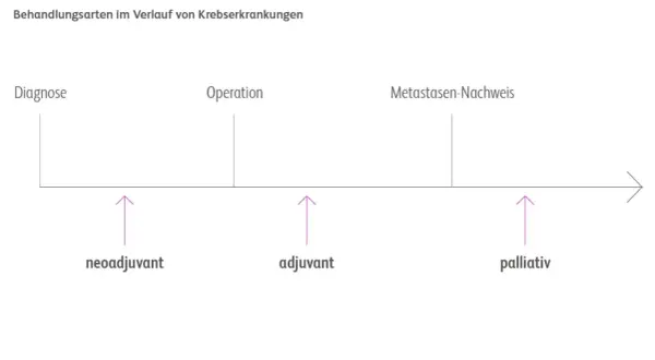 Zeitstrahl zeigt Behandlungsphasen bei Krebs: Diagnose, Operation, Metastasennachweis. Pfeile markieren neoadjuvante, adjuvante und palliative Therapie.