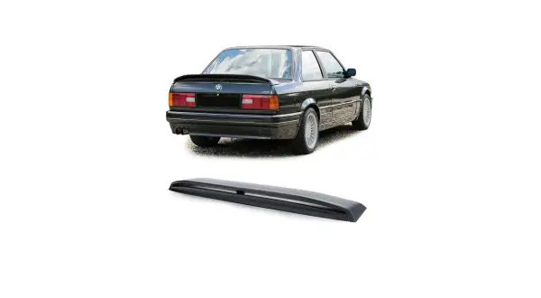 Czarne BMW E30 z zamontowanym spoilerem na klapie bagażnika i osobno pokazana lotka.