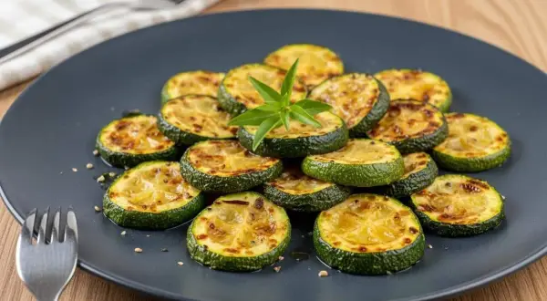 Tranches de courgettes grillées, garnies d'une feuille verte, prêtes à être dégustées. Une délicieuse recette de courgette au four.