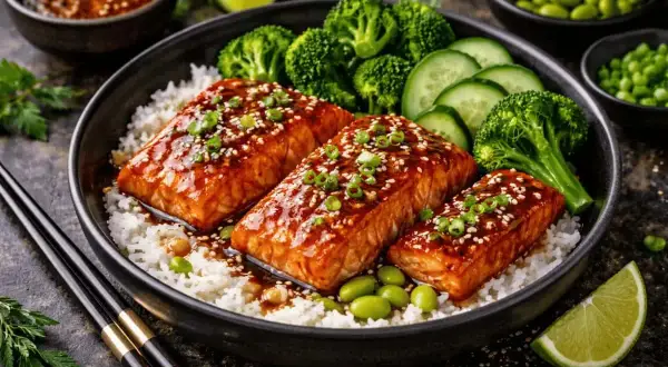 En skål med ris, tre glaserade laxfiléer, broccoli, gurka och edamamebönor. Ett perfekt recept med lax för en hälsosam måltid.