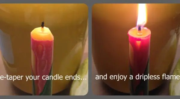 Two images of a red and yellow candle. The left shows an unlit candle with a burnt wick. The right shows a lit candle with a clean flame, demonstrating what are dripless candles.
