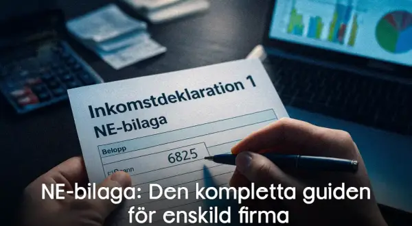 Hand fyller i NE-bilaga för enskild firma deklaration. Kalkylator och diagram syns i bakgrunden.