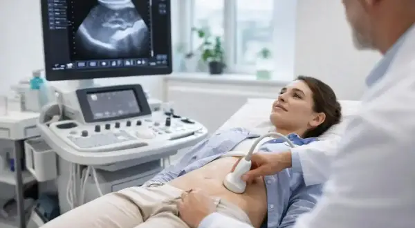 Kobieta leży na kozetce, lekarz wykonuje USG brzucha. Obraz na monitorze pokazuje narządy wewnętrzne.