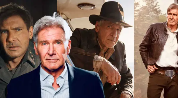 Harrison Ford in verschiedenen Rollen, darunter Indiana Jones, mit Hut und Lederjacke.