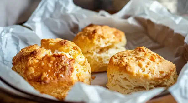 Tre gyllene, lätta scones ligger i ett papper. Perfekta för en fika.