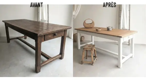 Avant/Après : une table rustique patinée par le temps transformée en une pièce lumineuse, une belle décoration sur bois.