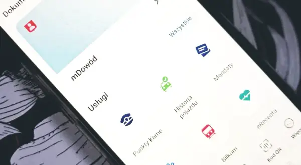 Na ekranie telefonu widać aplikację z opcjami: mDowód, Usługi, Punkty karne, Historia pojazdu, Mandaty. Możesz tu sprawdzić mandaty.