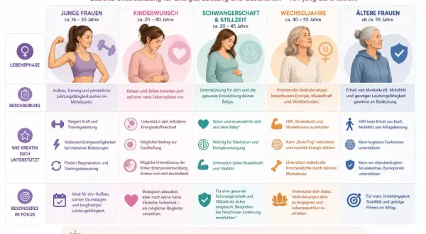 Kreatin wirkt bei Frauen in jeder Lebensphase: Von jung bis erfahren unterstützt es Energie, Leistung und Gesundheit.