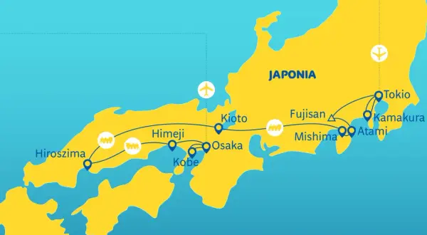Mapa Japonii z zaznaczoną trasą wycieczki objazdowej: Tokio, Kamakura, Atami, Mishima, Fudżisan, Kioto, Osaka, Himeji, Kobe, Hiroszima.