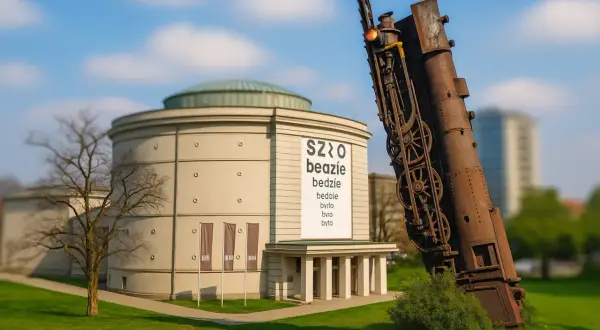 Rdzewiejący pociąg przechyla się obok budynku muzeum we Wrocławiu. Obok znajduje się kawiarnia.
