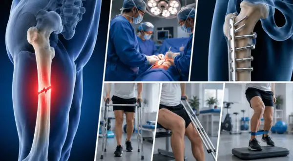 Fracture du fémur, chirurgie, plaque vissée, rééducation avec déambulateur, puis exercices pour retrouver la mobilité. Conséquence d'un fémur cassé.