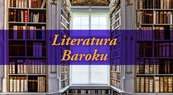 Elegancka biblioteka z regałami pełnymi starych ksiąg, z napisem "Literatura Baroku".