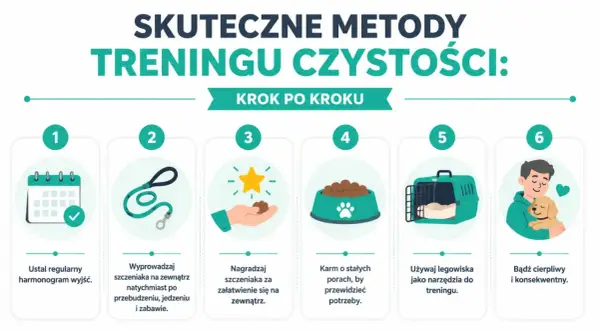 Ilustracja pokazuje, jak szkolić szczeniaka, by nie sikał w domu. Kluczowe jest regularne wyprowadzanie, nagradzanie za załatwianie się na zewnątrz i cierpliwość.