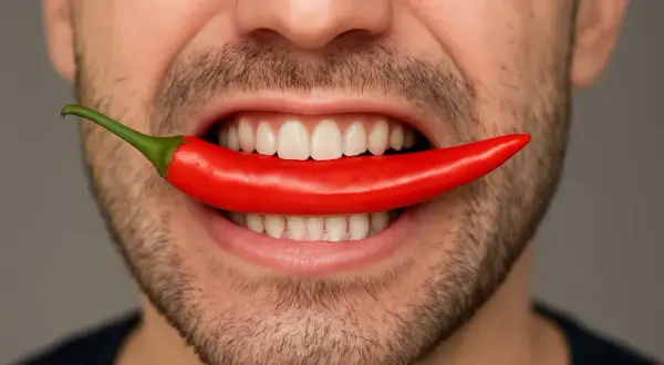 Ostre papryczki mogą wywołać zespół pieczenia jamy ustnej. Mężczyzna zaciska zęby na czerwonej papryczce chili.