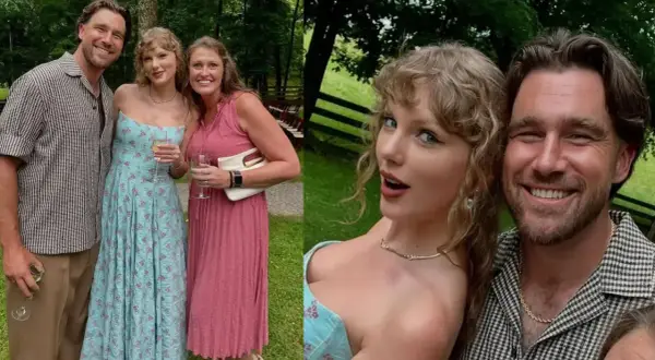 Taylor Swift y su pareja, Travis Kelce, sonríen en una boda. Ella lleva un vestido floral azul y él una camisa a cuadros.