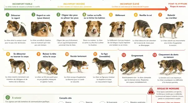 Illustration des signaux d'apaisement chez le chien, essentiels pour la zoothérapie et la compréhension mutuelle.