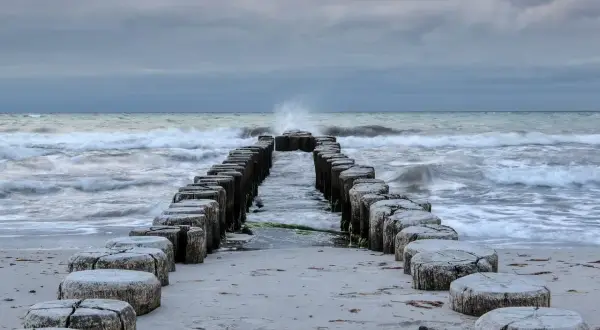 Drewniane pale na plaży, fale rozbijające się o brzeg, pochmurne niebo.