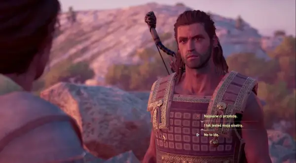 Alexios w zbroi, z łukiem na plecach, rozmawia z kimś w grze Assassin's Creed Odyssey - poradnik.