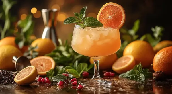 Orzeźwiający drink z plasterkiem pomarańczy i miętą, otoczony owocami cytrusowymi i granatem. Idealne ozdoby do drinków na letnie wieczory.