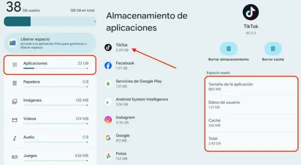 Interfaz de gestión de almacenamiento de Android, mostrando "Aplicaciones" con 23 GB. Se resalta TikTok, un liberador de espacio de memoria interna.