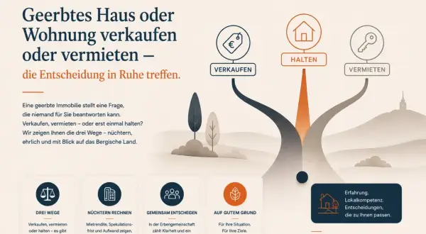 Grafik zeigt drei Wege: Verkaufen (mit €-Symbol), Halten (Haus-Symbol) und Vermieten (Schlüssel-Symbol). Erbschaftssteuer nachzahlung bei verkauf wird hier thematisiert.