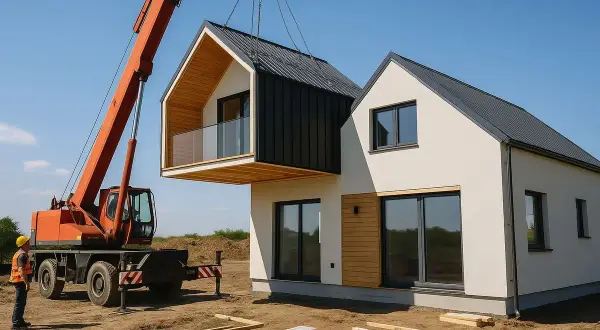 Budowa nowoczesnych domów z poddaszem użytkowym tanich w budowie. Dźwig montuje moduł z balkonem.